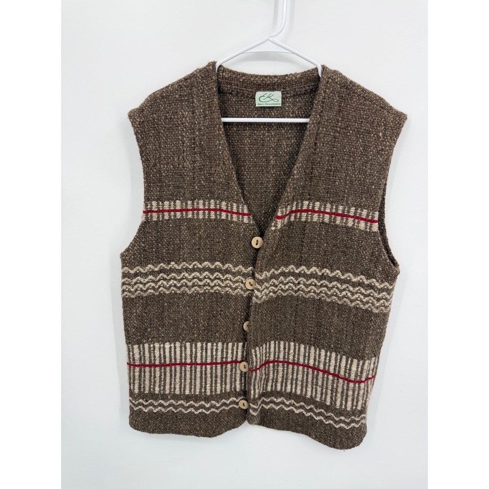 Lanas y Colores Patagonicas Knit Vest Mens XL Brown Wool Geometric Button Up